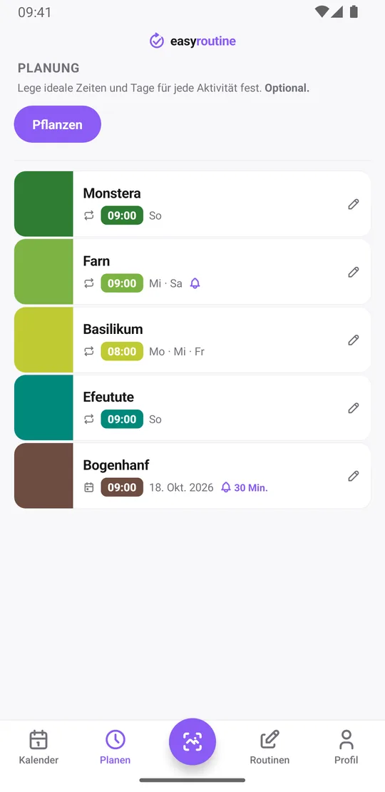EasyRoutine-Tab Planen mit den Gießtagen der Pflanzen: Monstera und Efeutute am Sonntag, Farn am Mittwoch und Samstag mit einer Glocke für die Erinnerung, Basilikum am Montag, Mittwoch und Freitag und Bogenhanf am nächsten einzelnen Termin