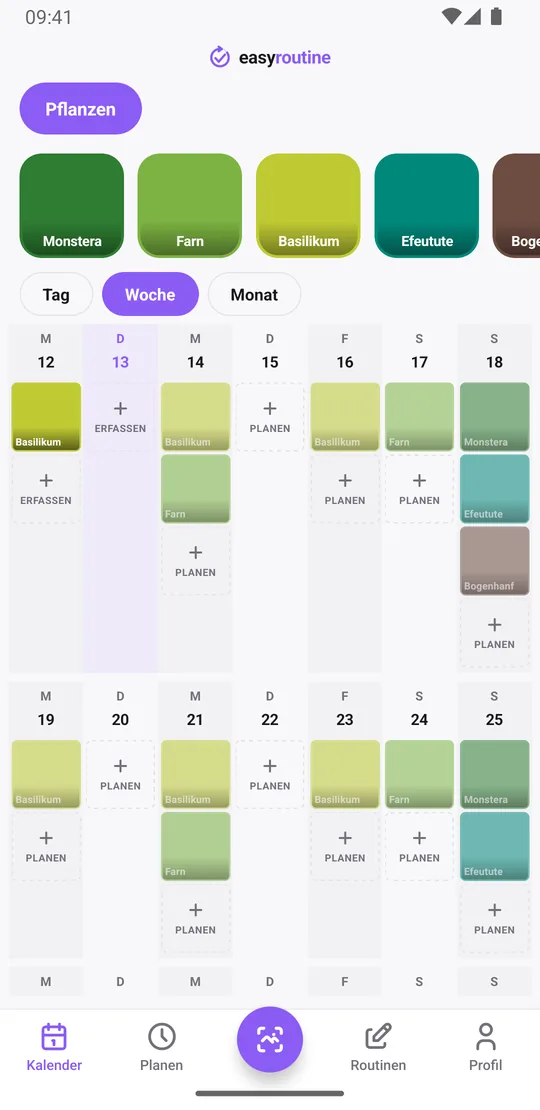 EasyRoutine-Wochenansicht der Routine Pflanzen mit farbigen Kacheln für jede gegossene Pflanze und blassen Einträgen für geplante Gießtermine