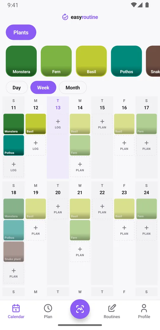 EasyRoutine week view of the Plants routine with colored tiles for each watered plant and faded entries for planned waterings