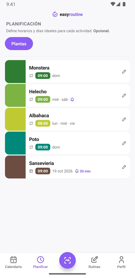 Pestaña Planificar de EasyRoutine con los días de riego de cada planta: monstera y poto el domingo, helecho el miércoles y el sábado con la campana de aviso, albahaca el lunes, el miércoles y el viernes, y la sansevieria en su próxima fecha suelta