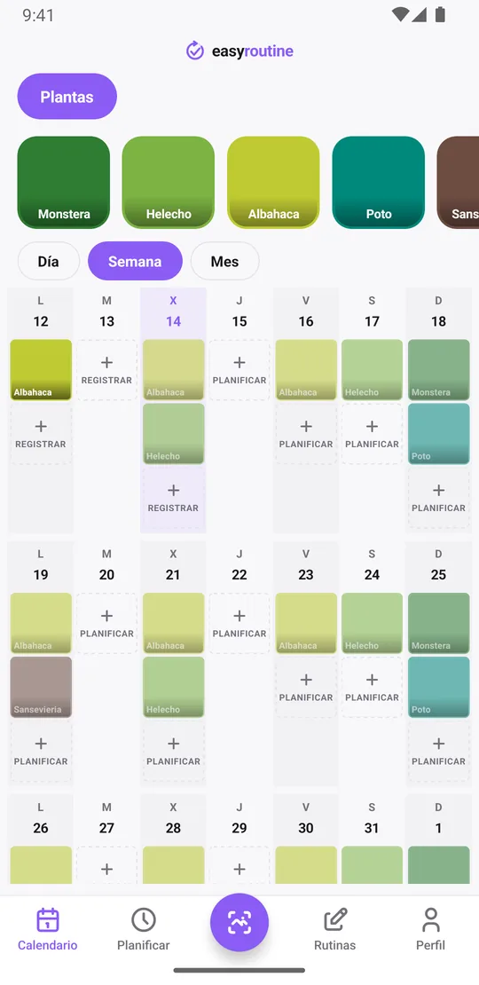 Vista semanal de EasyRoutine de la rutina Plantas con tarjetas de colores para cada planta regada y entradas atenuadas para los riegos planificados