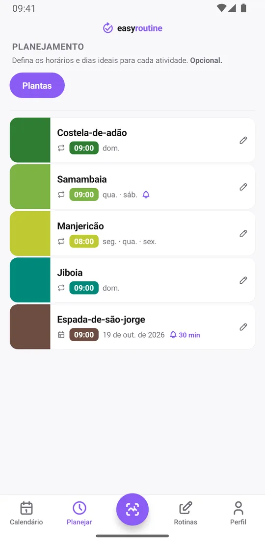 Aba Planejar do EasyRoutine com os dias de rega de cada planta: costela-de-adão e jiboia no domingo, samambaia na quarta e no sábado com o sino de lembrete, manjericão na segunda, quarta e sexta, e a espada-de-são-jorge na próxima data única