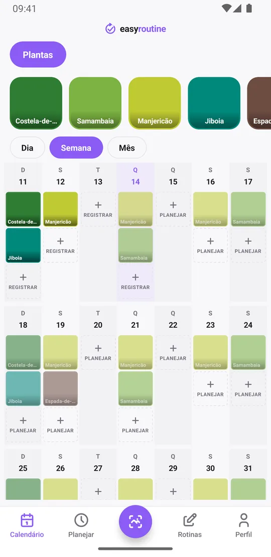Visão semanal do EasyRoutine da rotina Plantas com cards coloridos para cada planta regada e entradas esmaecidas para as regas planejadas
