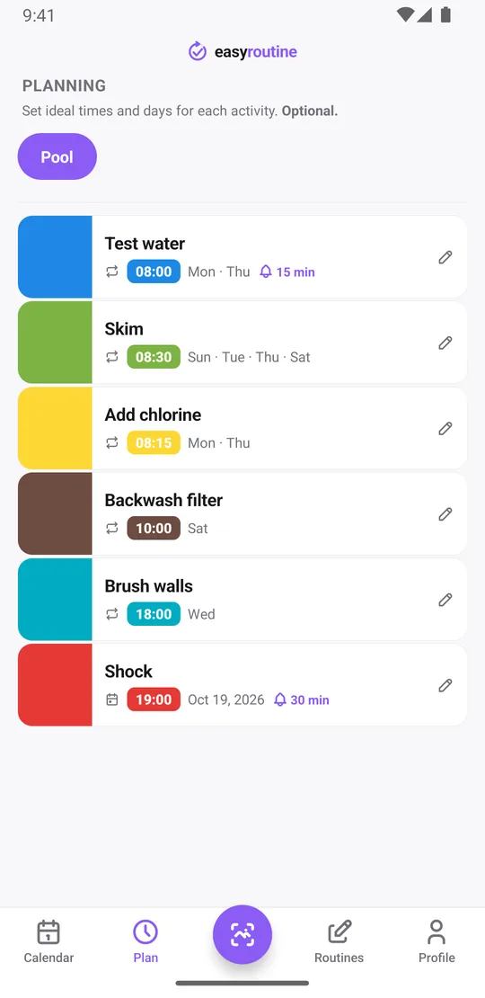 EasyRoutine Plan tab listing pool jobs with their schedules: test water on Monday and Thursday with a reminder bell, skim four days a week, add chlorine Monday and Thursday, backwash filter on Saturday, brush walls on Wednesday, and shock on its next single date, also with a reminder bell
