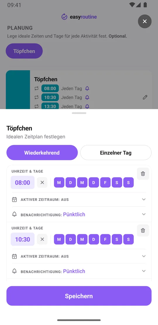EasyRoutine Planungsblatt der Aktivität Töpfchen mit vier täglichen wiederkehrenden Zeiten, 8:00, 10:30, 13:30 und 16:30, jeweils mit pünktlicher Erinnerung