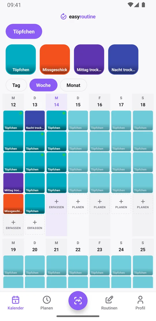 EasyRoutine Wochenansicht einer Routine Töpfchen mit Kacheln in zeitlicher Reihenfolge für Töpfchen, Missgeschick, Mittag trocken und Nacht trocken sowie blassen geplanten Töpfchenzeiten später am Tag