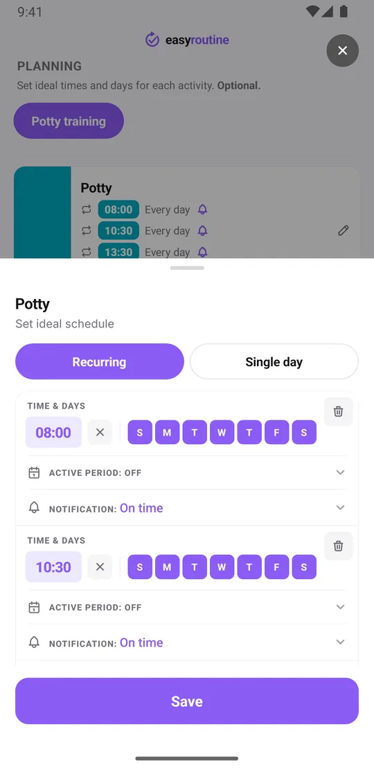 EasyRoutine schedule sheet for the Potty activity with four daily recurring times, 8:00, 10:30, 13:30 and 16:30, each with an on-time reminder