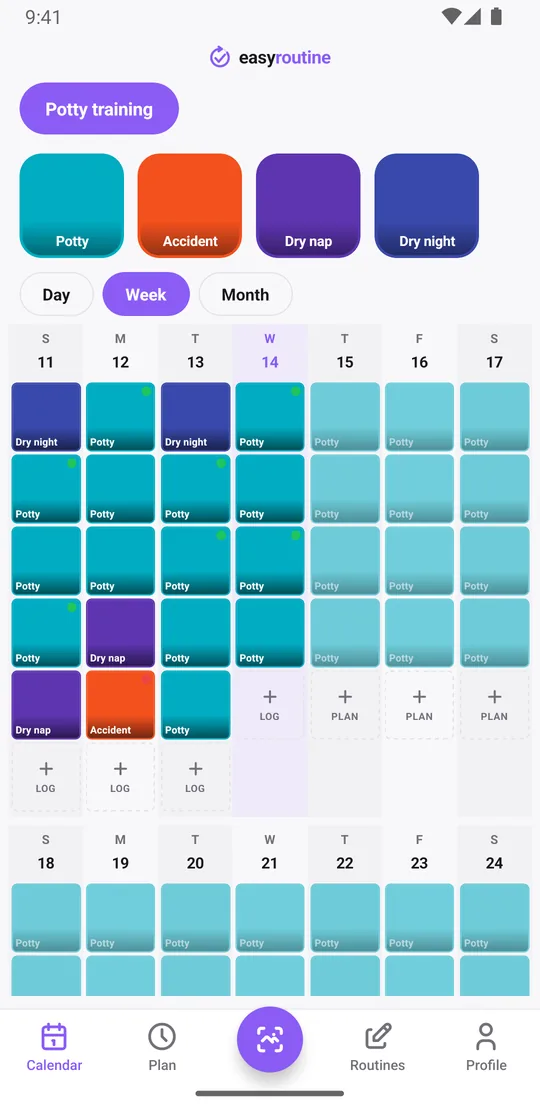 EasyRoutine week view of a Potty training routine with tiles in time order for Potty, Accident, Dry nap and Dry night, and faded planned potty times later today