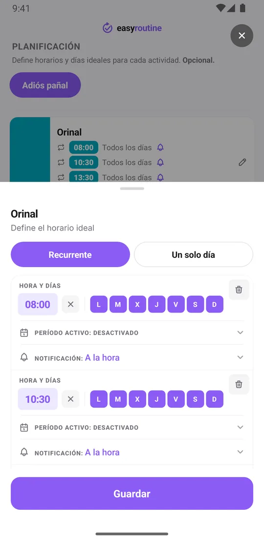 Hoja de horario de EasyRoutine para la actividad Orinal con cuatro horas recurrentes diarias, 8:00, 10:30, 13:30 y 16:30, cada una con recordatorio a la hora