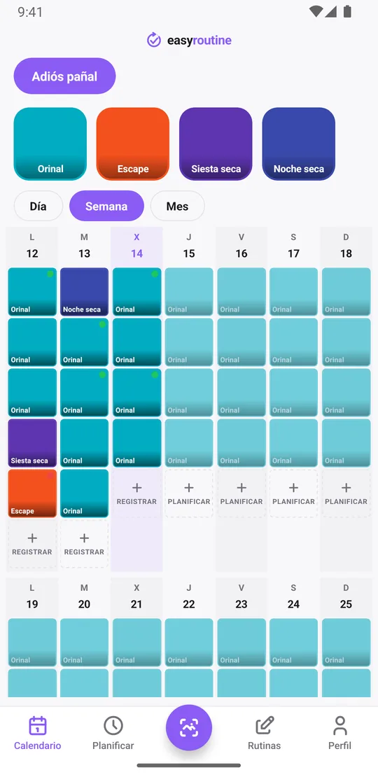 Vista semanal de EasyRoutine de una rutina Adiós pañal con casillas en orden de hora para Orinal, Escape, Siesta seca y Noche seca, y horas de orinal planificadas atenuadas más tarde en el día