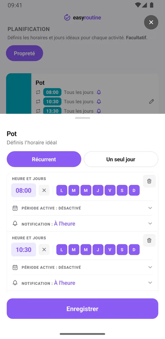 Fiche de planning d'EasyRoutine pour l'activité Pot avec quatre horaires récurrents par jour, 8:00, 10:30, 13:30 et 16:30, chacun avec un rappel à l'heure