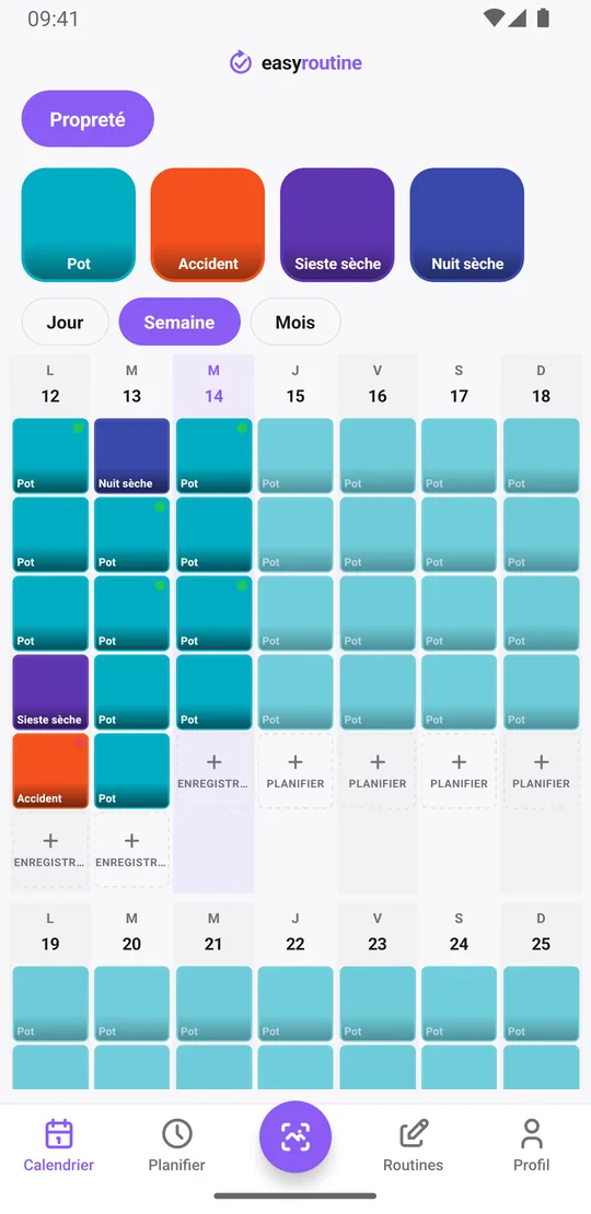 Vue semaine d'EasyRoutine d'une routine Propreté avec des tuiles dans l'ordre chronologique pour Pot, Accident, Sieste sèche et Nuit sèche, et des heures de pot prévues en transparence plus tard dans la journée