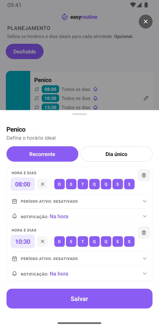 Ficha de horários do EasyRoutine para a atividade Penico com quatro horários recorrentes por dia, 8:00, 10:30, 13:30 e 16:30, cada um com lembrete na hora