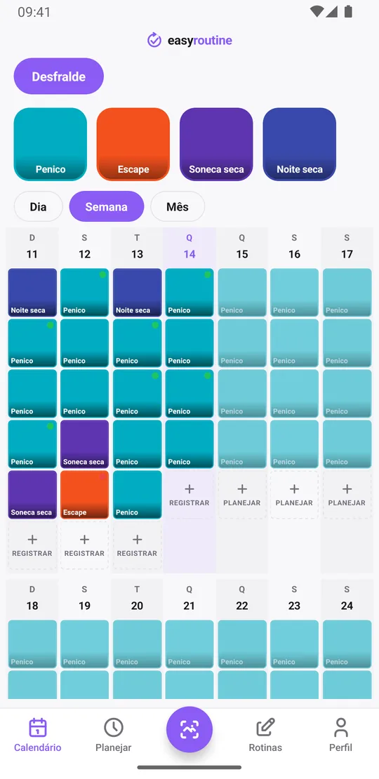 Visualização da semana do EasyRoutine com uma rotina Desfralde e blocos em ordem de horário para Penico, Escape, Soneca seca e Noite seca, além de horários de penico planejados esmaecidos mais tarde no dia