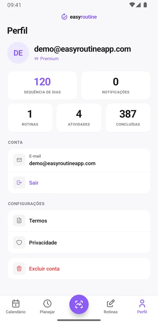 Aba Perfil do EasyRoutine com o selo Premium abaixo do e-mail da conta e blocos de Sequência de dias, Notificações, Rotinas, Atividades e Concluídas