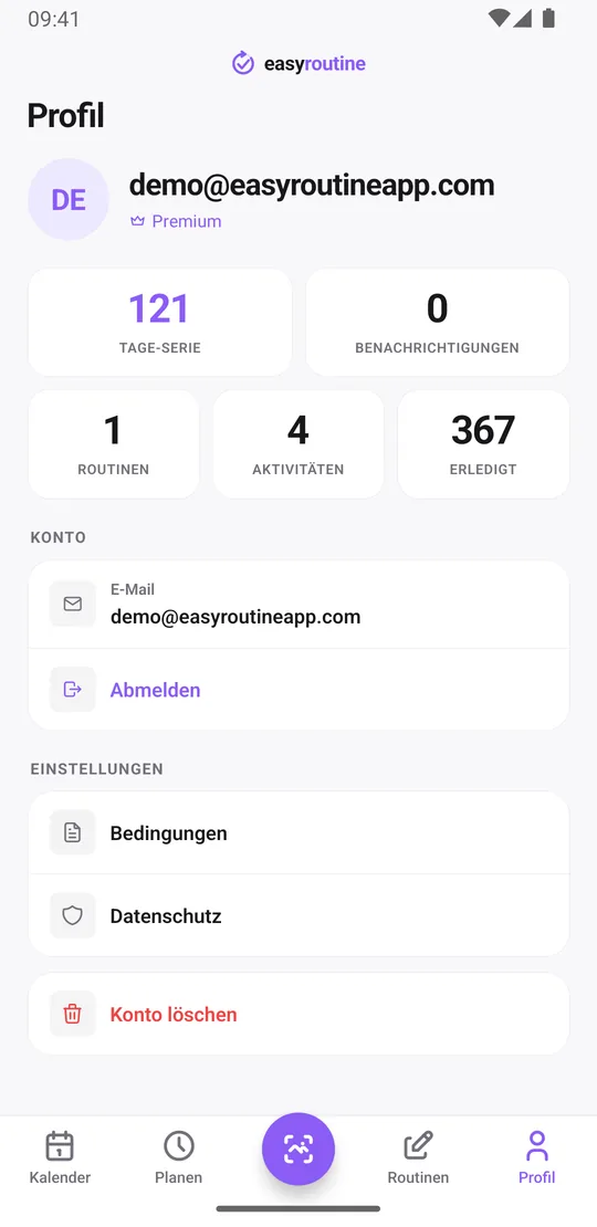 EasyRoutine-Tab Profil mit dem Hinweis Premium unter der E-Mail-Adresse, Statistik-Kacheln und den Kontooptionen