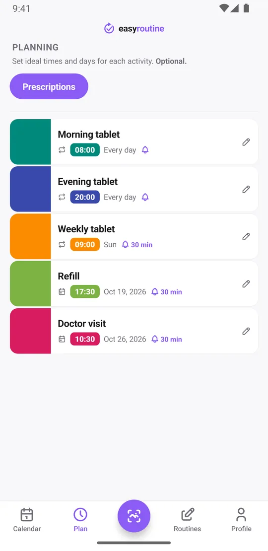 EasyRoutine Plan tab for a Prescriptions routine: morning tablet every day at 08:00, evening tablet every day at 20:00, weekly tablet on Sunday at 09:00, each with a reminder bell, plus single-date plans for the next refill and a doctor visit