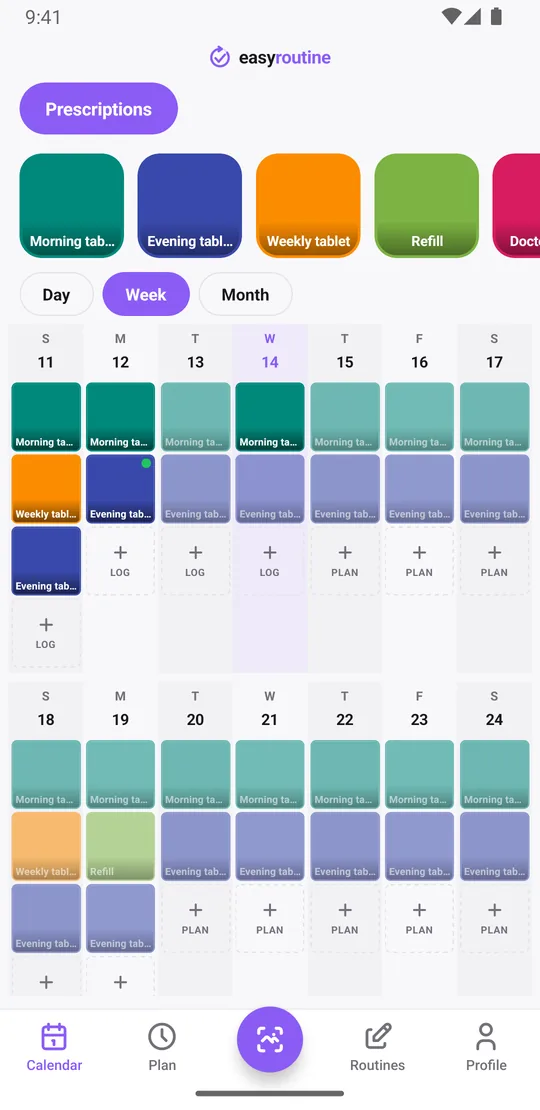 EasyRoutine week view of a Prescriptions routine with colored tiles for logged morning, evening and weekly tablets and faded entries for doses planned but not yet logged