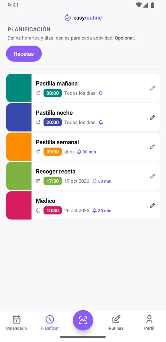Pestaña Planificar de EasyRoutine para una rutina Recetas: pastilla de mañana todos los días a las 08:00, pastilla de noche todos los días a las 20:00, pastilla semanal el domingo a las 09:00, cada una con su campana de aviso, y planes de un solo día para recoger la próxima receta y para una cita con el médico