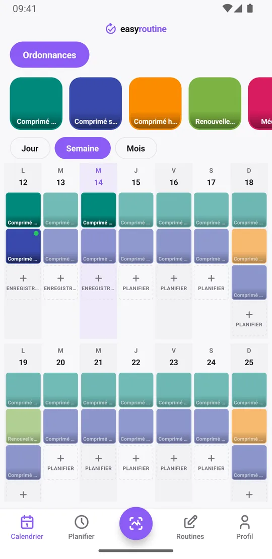 Vue semaine d'EasyRoutine pour une routine Ordonnances, avec des vignettes de couleur pour les comprimés du matin, du soir et hebdomadaire enregistrés, et des entrées estompées pour les prises planifiées pas encore enregistrées