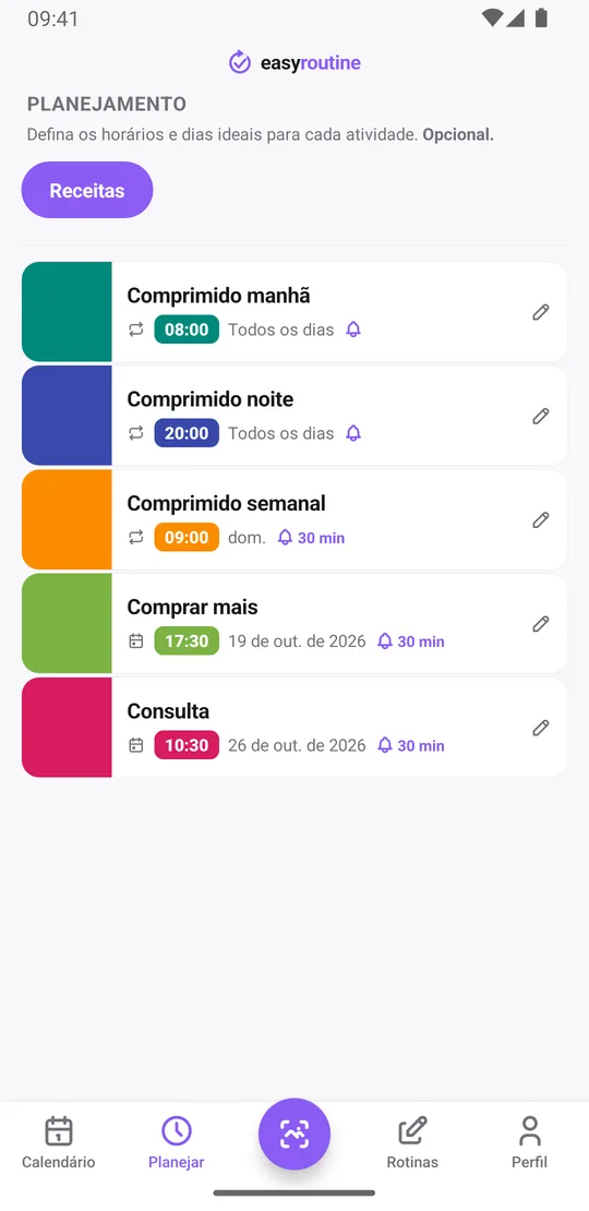 Aba Planejar do EasyRoutine para uma rotina Receitas: comprimido da manhã todos os dias às 08:00, comprimido da noite todos os dias às 20:00, comprimido semanal no domingo às 09:00, cada um com o sino de lembrete, além de planos de dia único para a próxima compra e uma consulta