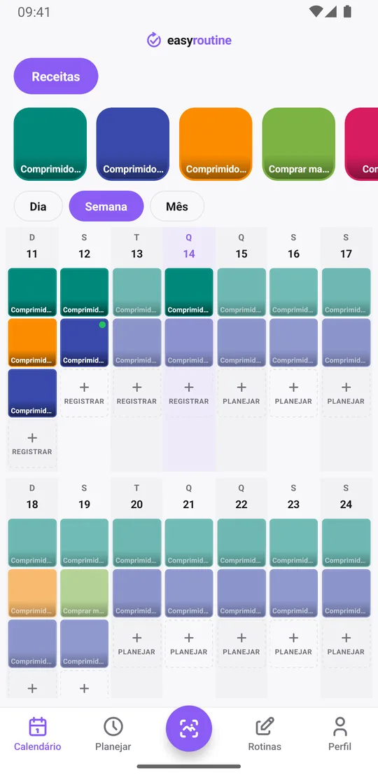 Visão semanal do EasyRoutine de uma rotina Receitas com blocos coloridos para os comprimidos da manhã, da noite e semanal já registrados e entradas esmaecidas para doses planejadas que ainda não foram registradas