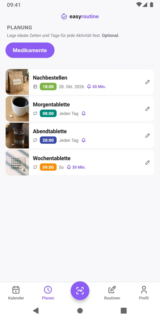 EasyRoutine Tab Planen für eine Routine Medikamente: Nachbestellen an einem einzelnen Tag in ein paar Tagen mit Glocke für die Erinnerung, Morgen- und Abendtablette täglich um 08:00 und 20:00 und eine Wochentablette am Sonntag
