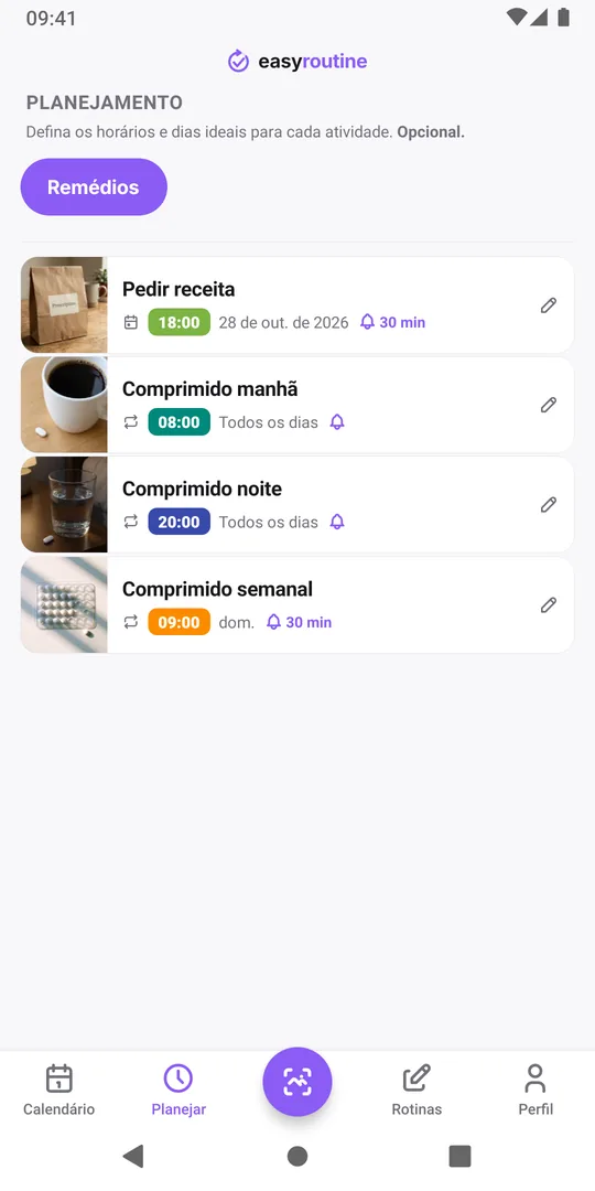 Aba Planejar do EasyRoutine para uma rotina Remédios: Pedir receita num dia único daqui a alguns dias com o sino do lembrete, comprimidos da manhã e da noite todo dia às 08:00 e 20:00, e um comprimido semanal no domingo
