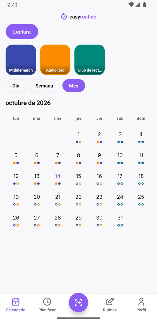 Vista Mes de EasyRoutine de una rutina Lectura con puntos de color casi todos los días para dos libros y un audiolibro
