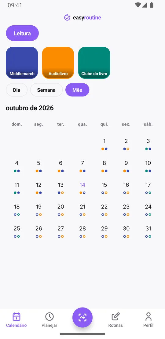Visualização Mês do EasyRoutine de uma rotina Leitura com pontos coloridos na maioria dos dias para dois livros e um audiolivro