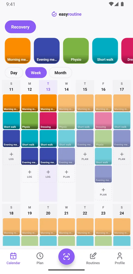 EasyRoutine week view of the Recovery routine with colored tiles for logged doses, physio sessions and walks, and faded entries for planned ones not yet logged