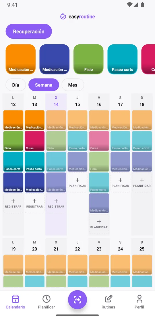 Vista semanal de EasyRoutine de la rutina Recuperación con mosaicos de color para las tomas, sesiones de fisio y paseos registrados, y entradas atenuadas para los planificados aún sin registrar