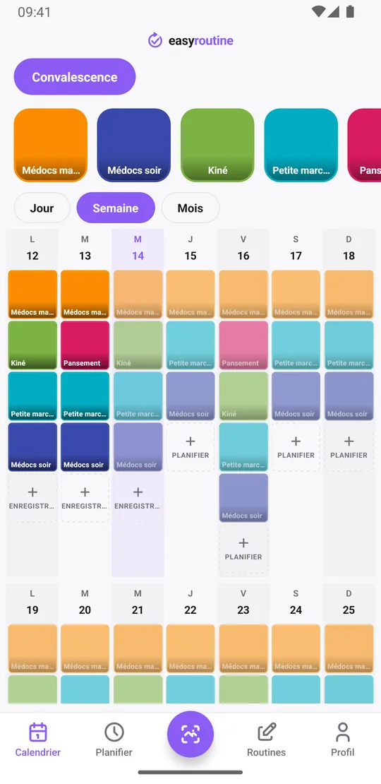 Vue semaine d'EasyRoutine de la routine Convalescence avec des tuiles colorées pour les prises, séances de kiné et marches enregistrées, et des entrées pâles pour celles prévues pas encore notées