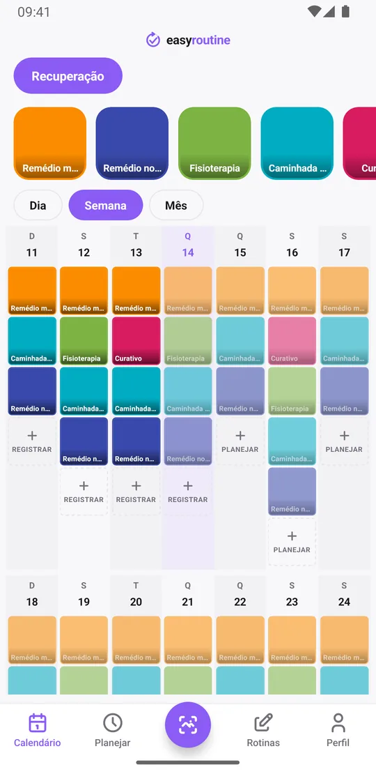 Visão semanal do EasyRoutine da rotina Recuperação com blocos coloridos para doses, sessões de fisioterapia e caminhadas registradas e entradas esmaecidas para as planejadas ainda não registradas