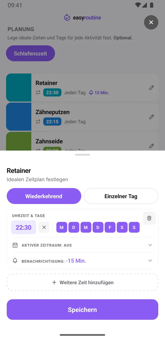 EasyRoutine-Zeitplan der Aktivität Retainer mit einer wiederkehrenden Zeit jeden Tag um 22:30 und der Benachrichtigung 15 Min. vorher
