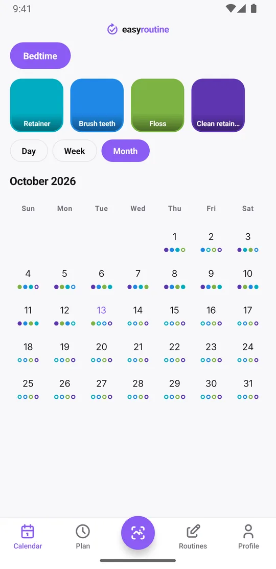 EasyRoutine month view of the Bedtime routine with cyan dots on almost every night for the retainer, plus dots for brushing, flossing and cleaning