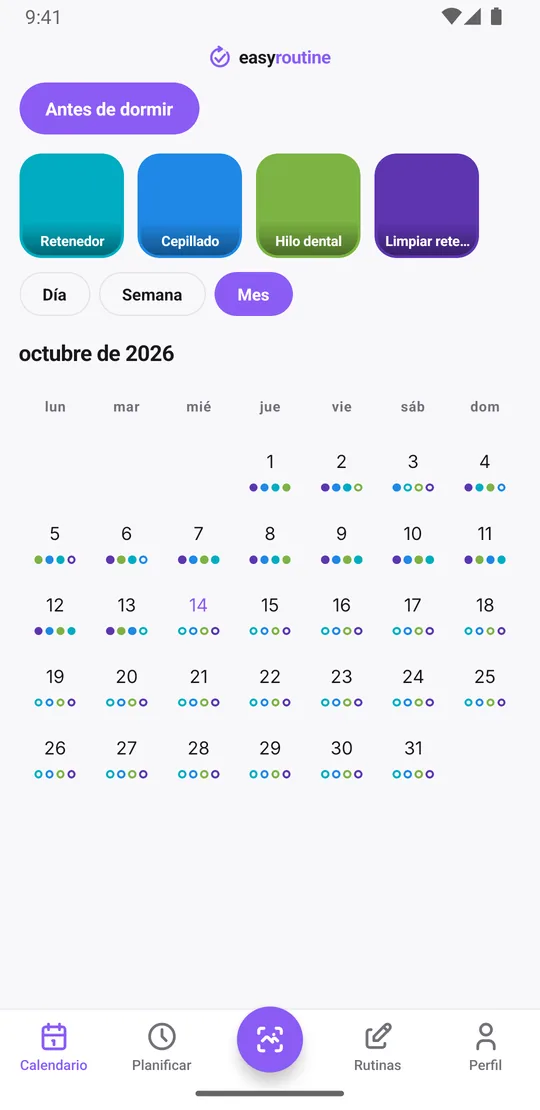 Vista mensual de EasyRoutine de la rutina Antes de dormir con puntos cian casi todas las noches para el retenedor, además de puntos para cepillado, hilo dental y limpieza