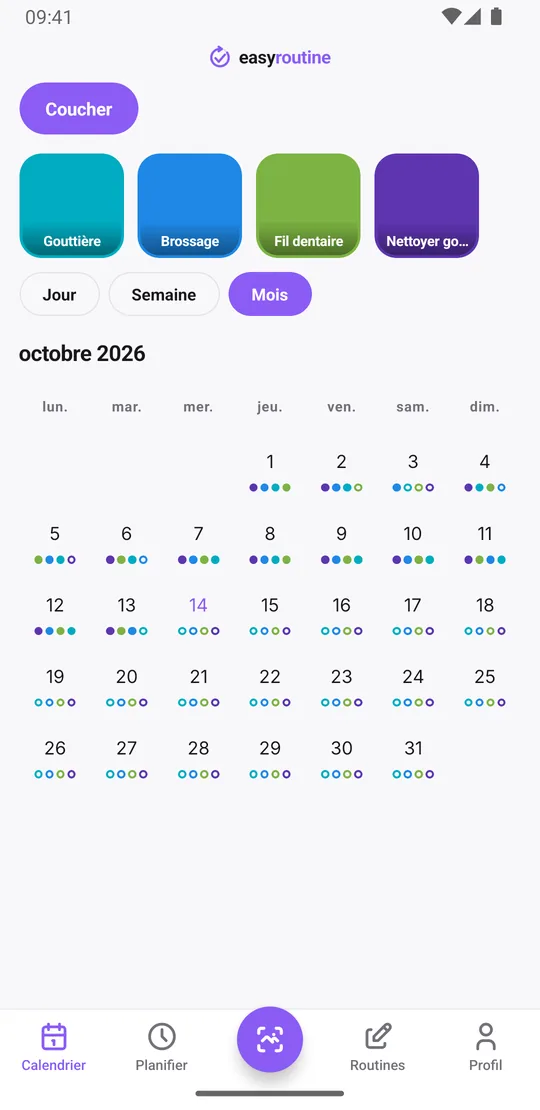Vue mois d'EasyRoutine de la routine Coucher avec des points cyan presque toutes les nuits pour la gouttière, plus des points pour le brossage, le fil dentaire et le nettoyage