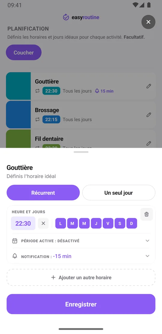 Fiche d'horaire EasyRoutine de l'activité Gouttière avec un créneau récurrent tous les jours à 22:30 et la notification réglée 15 min avant