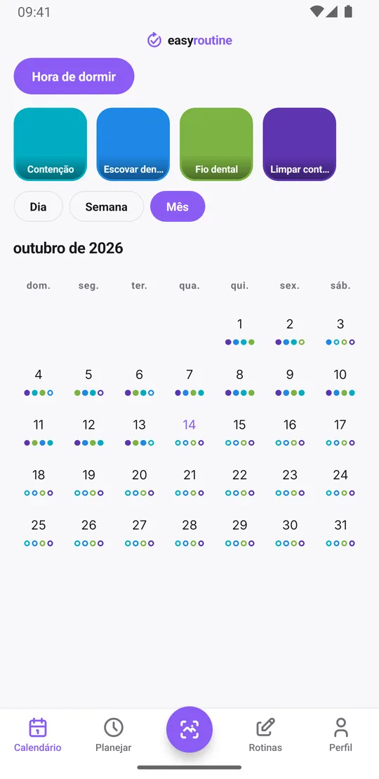 Visão mensal do EasyRoutine da rotina Hora de dormir com pontos ciano em quase todas as noites para a contenção, além de pontos para escovação, fio dental e limpeza