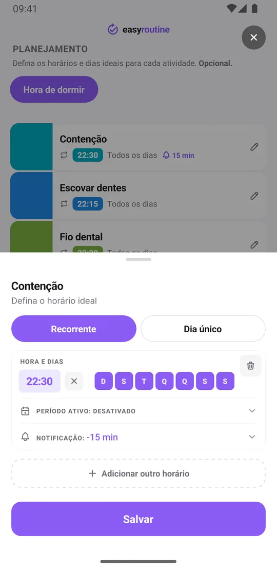 Tela de horário do EasyRoutine da atividade Contenção com um horário recorrente todo dia às 22:30 e a notificação 15 min antes