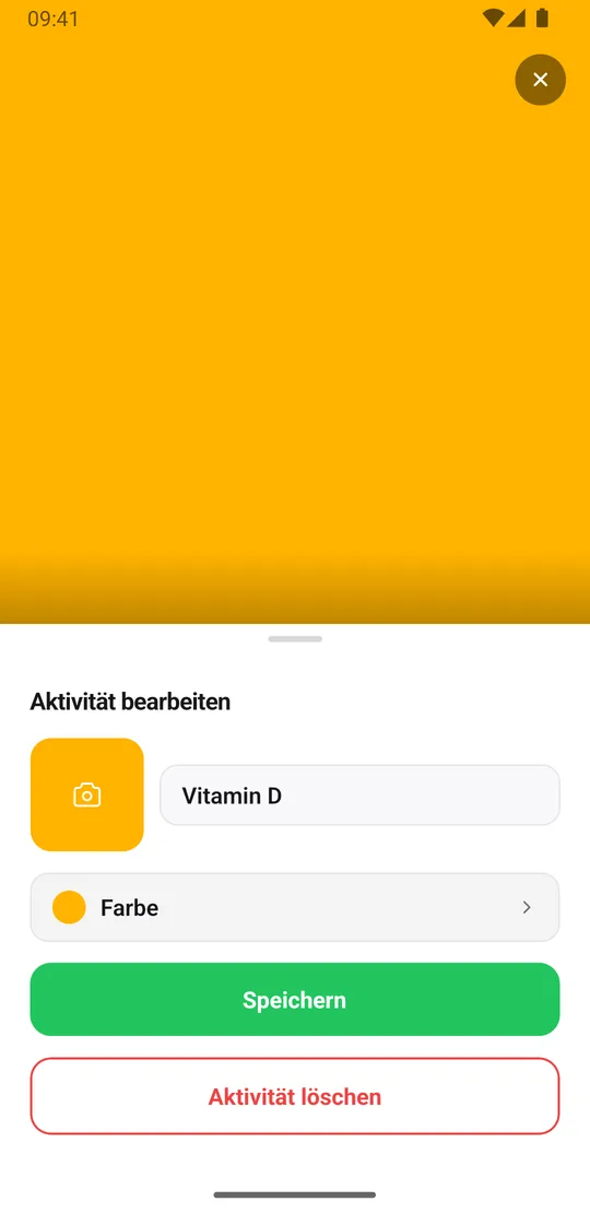 Bearbeiten der Aktivität Vitamin D in EasyRoutine: das Blatt Aktivität bearbeiten mit Foto, Name und Farbe