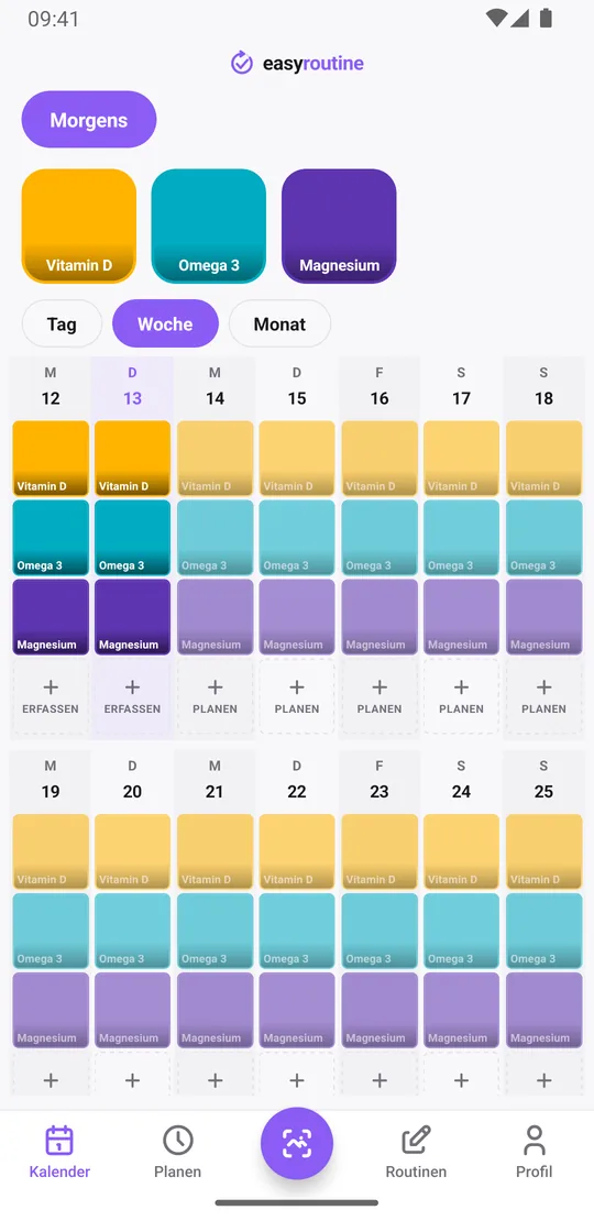 Wochenansicht der Routine Morgens in EasyRoutine mit farbigen Kacheln für Vitamin D, Omega 3 und Magnesium an den erfassten Tagen und blassen Einträgen für geplante