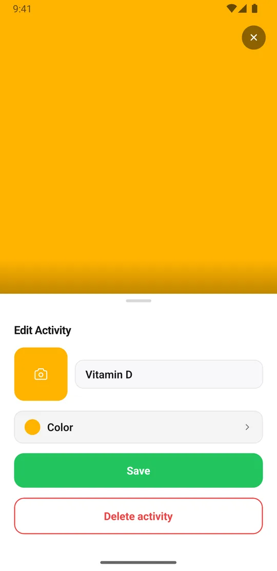 Editing the Vitamin D activity in EasyRoutine: the Edit Activity sheet with its photo, name and color