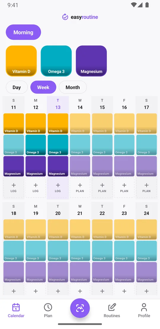 EasyRoutine week view of the Morning routine with colored tiles for vitamin D, omega 3 and magnesium on the days they were logged, and faded entries for planned ones