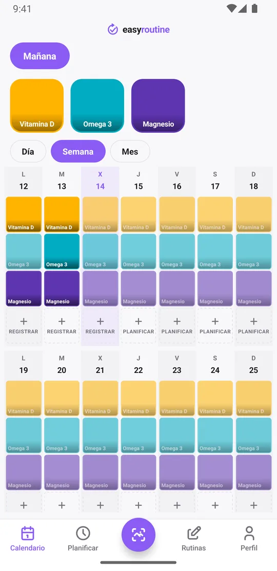 Vista semanal de la rutina Mañana en EasyRoutine con casillas de color para vitamina D, omega 3 y magnesio en los días registrados, y entradas atenuadas para las planificadas