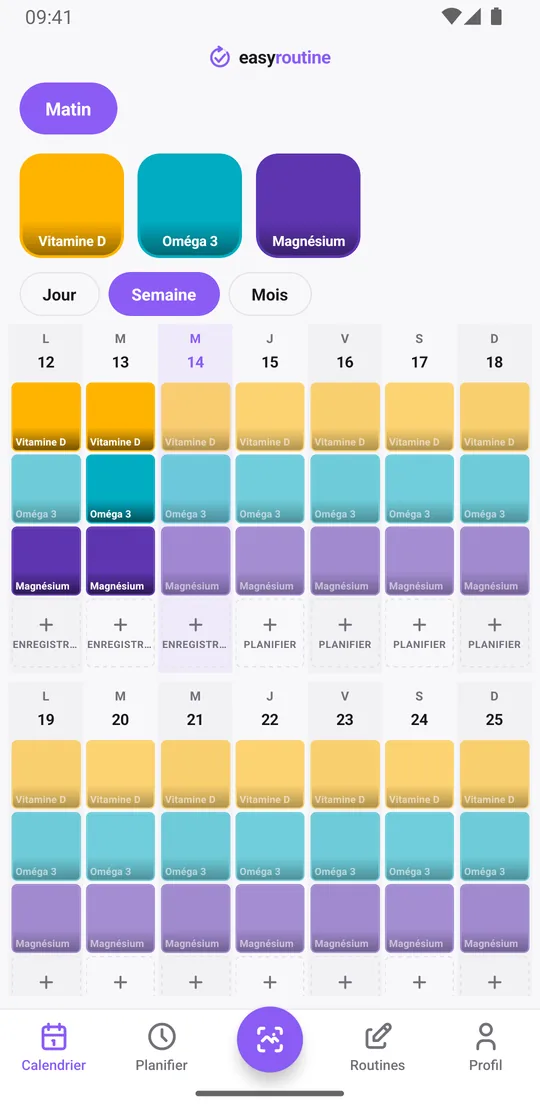 Vue semaine de la routine Matin dans EasyRoutine avec des tuiles colorées pour vitamine D, oméga 3 et magnésium les jours où ils ont été enregistrés, et des entrées estompées pour ceux prévus