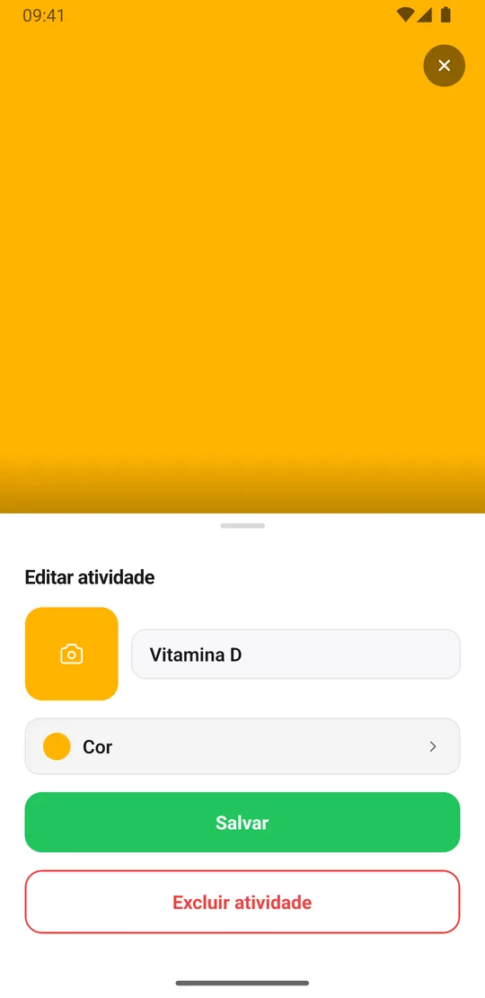 Edição da atividade Vitamina D no EasyRoutine: a folha Editar atividade com foto, nome e cor