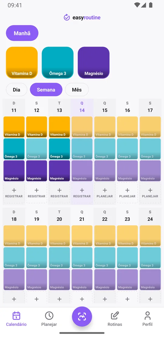 Visão semanal da rotina Manhã no EasyRoutine com quadradinhos coloridos para vitamina D, ômega 3 e magnésio nos dias registrados e entradas esmaecidas para os planejados