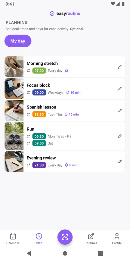EasyRoutine Plan tab for a routine called My day: morning stretch every day at 07:00, focus block on weekdays at 09:00, a lesson on Tuesday and Thursday at 18:30 with an active period, run on Monday, Wednesday and Friday at 06:30 plus Saturday at 09:00, and evening review every day at 21:30, with reminder bells